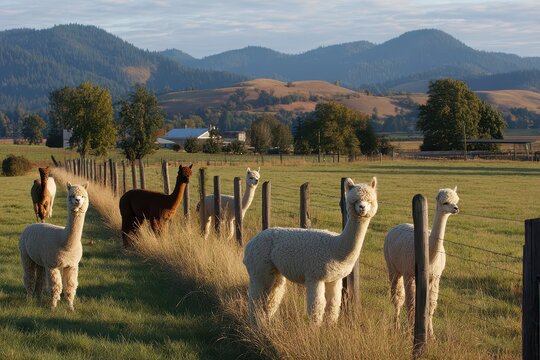 Calm alpacas in a rural farmland setting, open fields and blue sky in Oregon