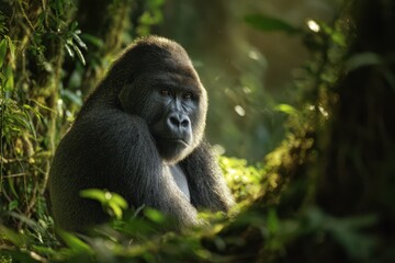 Obraz premium Calm gorilla in misty rainforest scene with green canopy