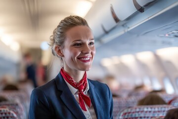Caucasian female cabin crew member in uniform assisting passengers midflight