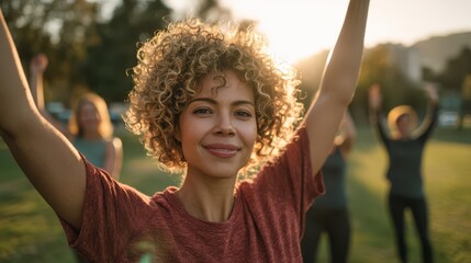 Celebration of personal achievement outdoors at golden hour