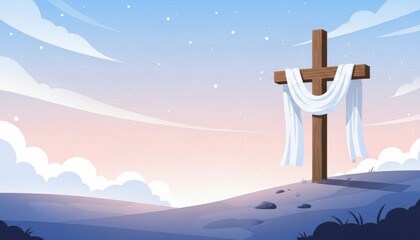 Pastel illustration of a solemn wooden cross draped in white cloth standing on a hill for good friday.