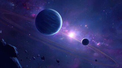 Celestial panorama of a faraway star system featuring exoplanets and glowing dust