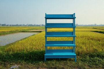 Cerulean shelf on a green paddy landscape, ready for product presentation