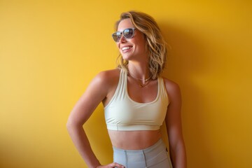 Cheerful blonde woman in summer cycling shorts posing indoors beside a bright yellow wall