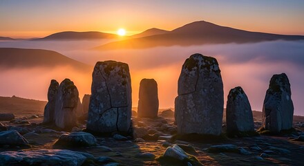 Dramatic sunrise over the ancient stone circle of Beaghmore, Northern Ireland.