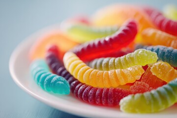 Chewy candy worms scattered on a clean surface under studio lighting, bold hues