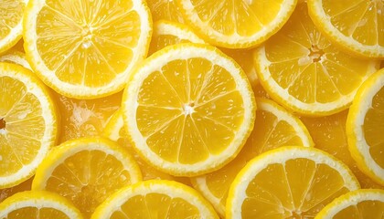 A vibrant and colorful display of sliced lemons arranged together