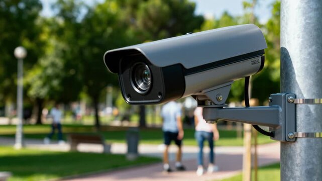 A security camera mounted on a pole monitors activity in a green, sunny public park as people walk past in the background.