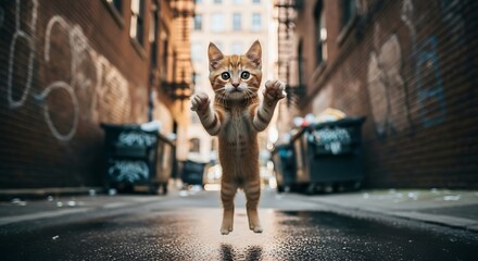 Cat standing on hind legs in alleyway with raised paws.