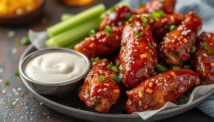 A plate of delicious chicken wings with dipping sauce and celery sticks on a wooden table