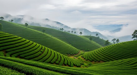 Lush green tea plantations on rolling hills under a cloudy sky.