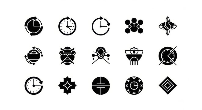 Dynamic collection of diverse black and white abstract clock and time-related vector icons for digital interface design and modern applications, ideal for web, mobile, and infographic projects