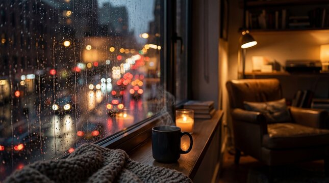 A cozy indoor scene with a steaming mug and candle on a windowsill overlooking a rainy city