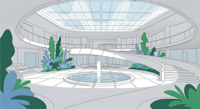 Illustration of futuristic atrium fountain plants