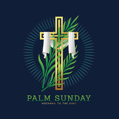 Plakat Palm sunday - Gold christian cross with white fabric hanging cross green palm leaves in line radiate circle around on dark blue background vector design
