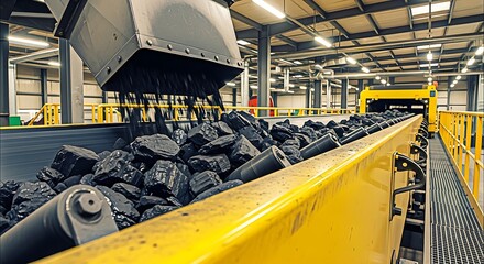 Coal being loaded onto a conveyor belt in a factory.