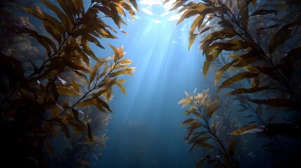 Sunbeams pierce the deep blue ocean illuminating a serene underwater kelp forest
