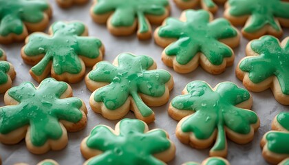 A batch of freshly baked green shamrock cookies on a baking sheet