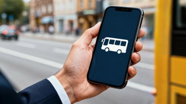 Hand holds smartphone with bus app icon in front of a yellow public transport bus, tapping the screen.