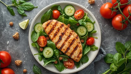 A healthy grilled chicken salad with fresh vegetables and herbs on a plate