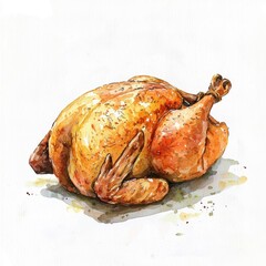 Watercolor-style roasted chicken, isolated on a white background, soft and artistic depiction of its features.