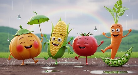 Animated Vegetables Enjoying a Rainy Day - A Whimsical Celebration of Natures Bounty.