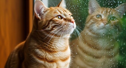 Contemplative Bengal Cat Gazing Through a Rain-Streaked Window.