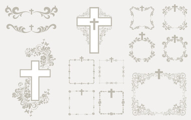 Easter celebration badge set with cross. Cross icons set. Obituary notice - art deco frames with cross. Collection of Christian Symbol design elements isolated on  background. Monochrome vector 