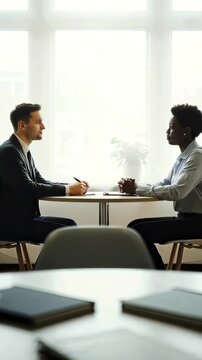 one on one interview bright office natural light from large window, two professionals facing each other across small table, notebooks and devices in foreground, attentive dialogue and note