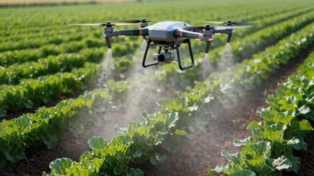 A smart agriculture drone spraying liquid mist over rows of vibrant green crops in a sunny field.