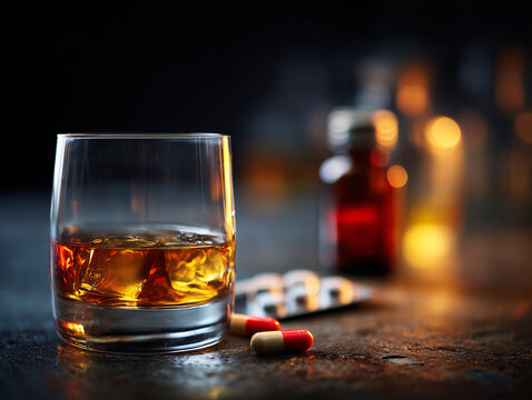 Alcohol and Prescription Medication Interaction Risk Concept Showing Health and Safety Warning
