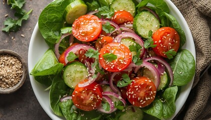A vibrant salad with fresh vegetables and sesame seeds in a white bowl on a rustic table