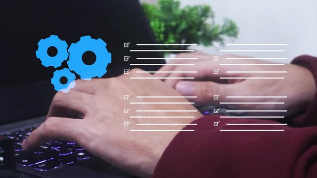 Digital gears checklist interface above laptop. Concept of workflow automation, process management, operational efficiency, system optimization, task tracking, modern digital.