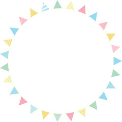 パステルカラーのカラフルな色んな柄が混じったガーランドが沢山並んだ円形フレーム