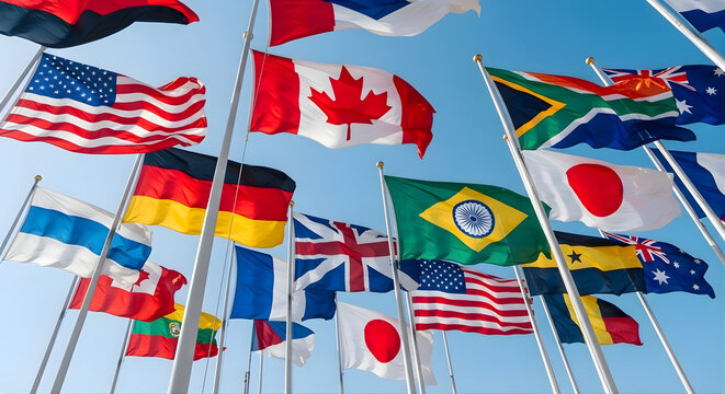 International flags collection waving in bright blue sky global unity diversity celebration