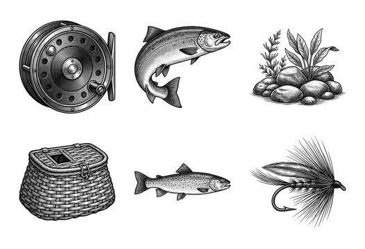 Fly fishing equipment and trout collection in vintage woodcut engraving style featuring reel creel and lures