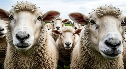 Close-up of a flock of sheep curiously staring at the camera.