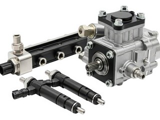 A detailed view of a hydraulic pump with its components and hoses.