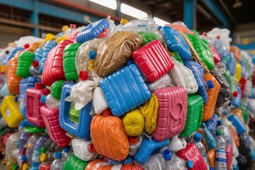 Compressed plastic waste bottles stack. Colorful plastic containers packed for recycling industry. Plastic bottle waste pile ready for processing. Global Recycling Day concept.
