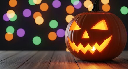 Illuminated Jack-o-Lantern on Wooden Surface with Bokeh Background.