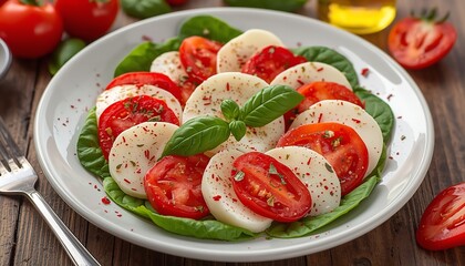 A delicious caprese salad with fresh mozzarella, tomatoes, and basil on a white plate