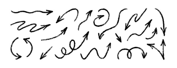 Crayon brush arrow signs. Doodle chalk direction line. Hand drawn grunge arrows with pencil texture. Sketch crayon drawing design elements set. Vector illustration isolated on white background. © Elena Pimukova