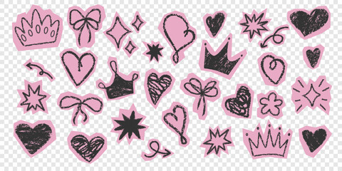 Pink doodle sticker set with crowns, hearts, bows, stars. Girly sketch icons stickers pack. Rough pencil texture. Great for scrapbook, social media, diary planner design © Svetlana