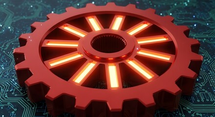 Red Gear with Glowing Spokes on Circuit Board Background.