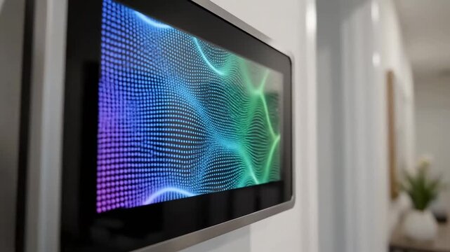 Modern digital display showcasing vibrant abstract data visualization with flowing blue and green patterns mounted on a sleek white wall perfect for tech backgrounds