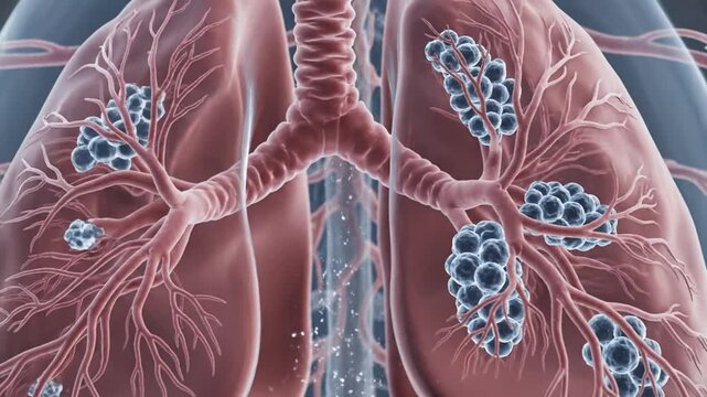 Human lungs with alveoli, affected by pollution, in detailed illustration, with particles in the background