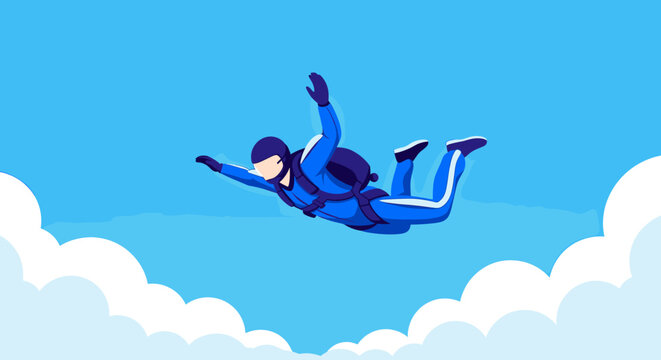 Skydiver in a blue jumpsuit and helmet is freefalling through the bright blue sky above white clouds in this flat vector illustration