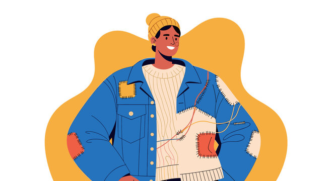 Stylish young person wearing a patched blue jacket and mended sweater represents sustainable fashion and upcycling in a modern flat vector illustration