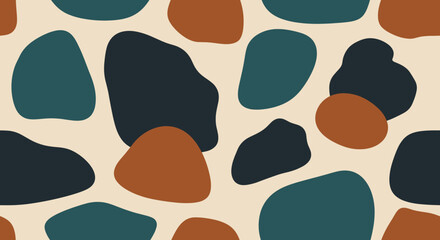 Fototapeta premium Abstract seamless pattern with organic rounded shapes in muted earth tones of teal, brown, and navy on a light beige background, a modern and minimalist vector illustration