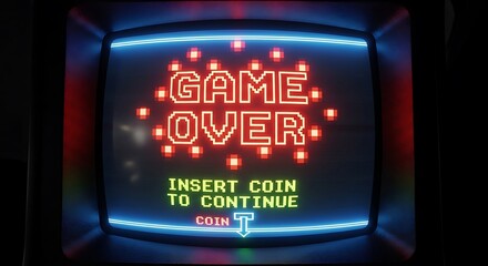Retro Arcade Game Over Screen with Neon Lights and Text.